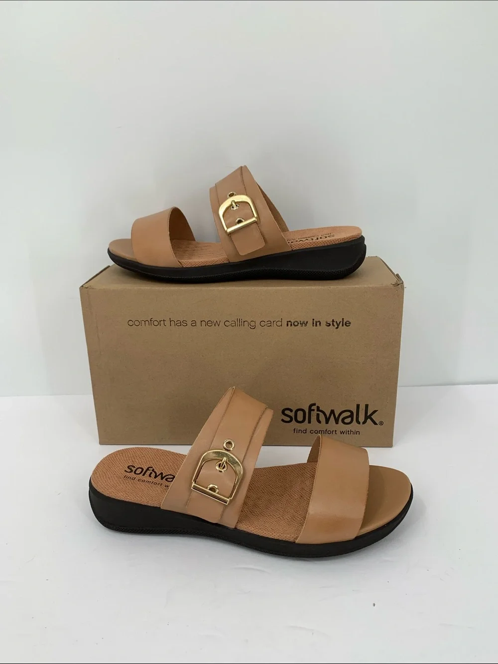 Softwalk Toki double strap slide sandal shoe tan brown leather new 8WW X-WIDE XW
